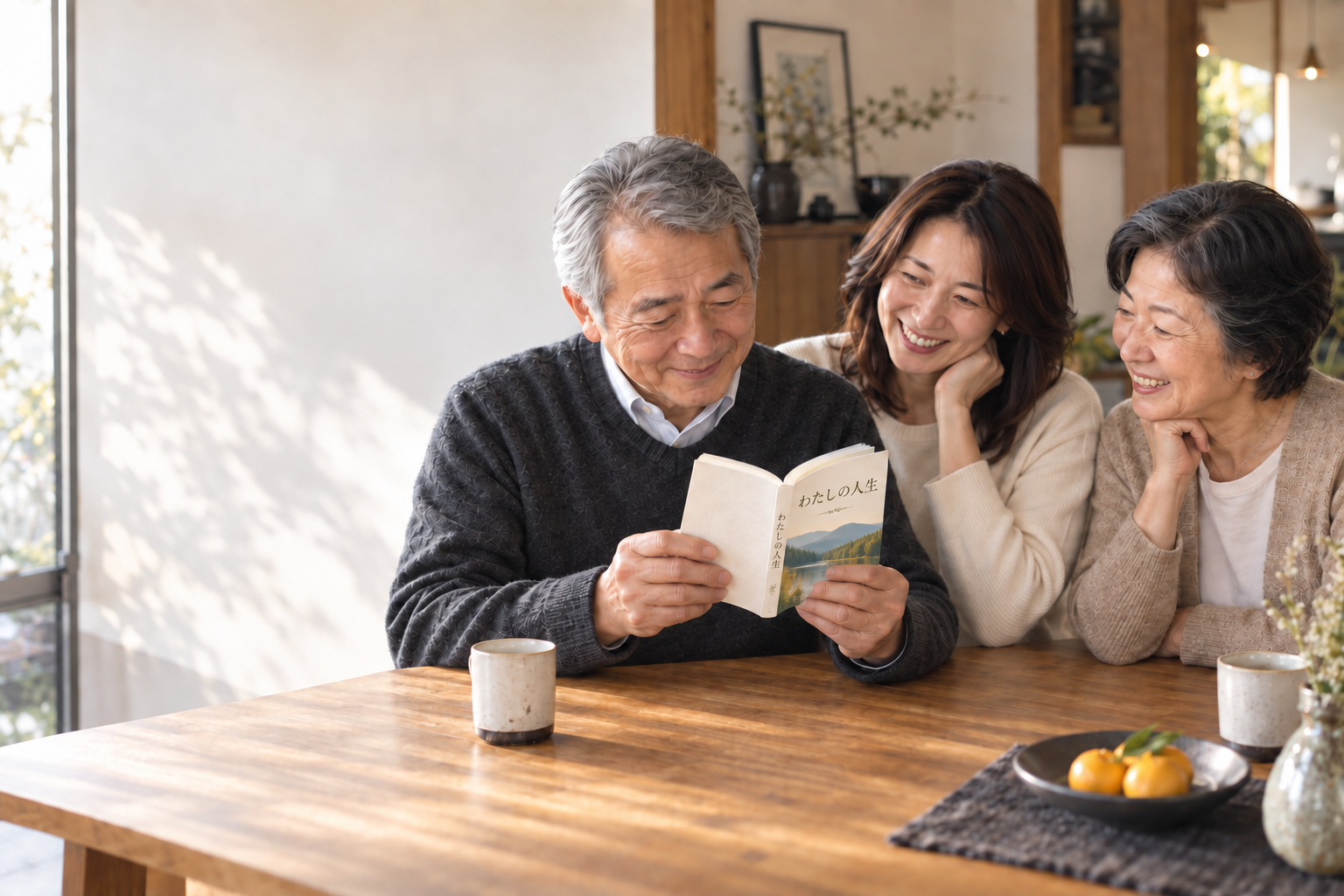 山と湖の風景を表紙にあしらった文庫本「わたしの人生」を読む父親と、嬉しそうに見守る妻と娘